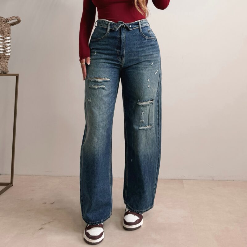 Folded Wide Leg Jeans - DarkBlue