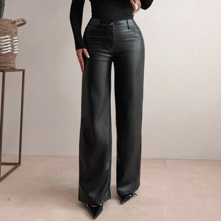 Leather tall wide leg pants - Black