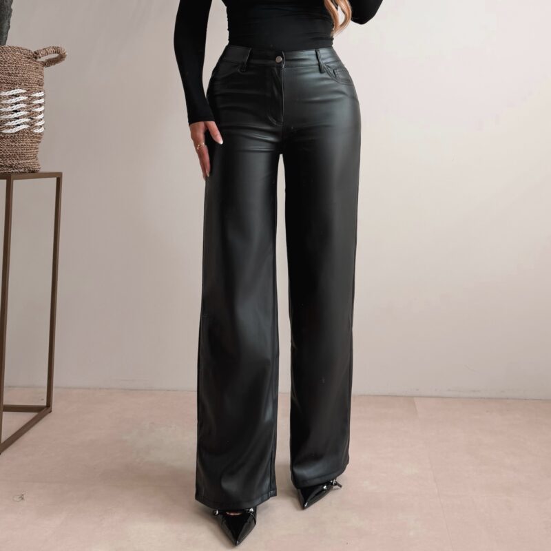 Leather tall wide leg pants - Black
